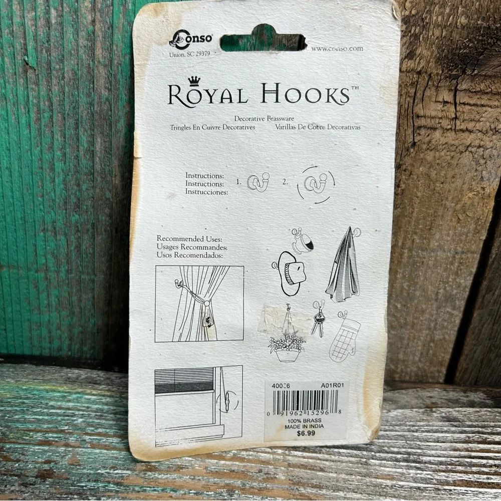 NEW (NOS) In Package WALL HOOKS Solid Brass Rose-Shaped Vintage Distressed